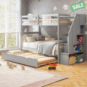 Home Wood Bunk Bed with Guard Rail and 4-step Storage Stairs No Box Spring Needed-Brown Brown Toddler Beds