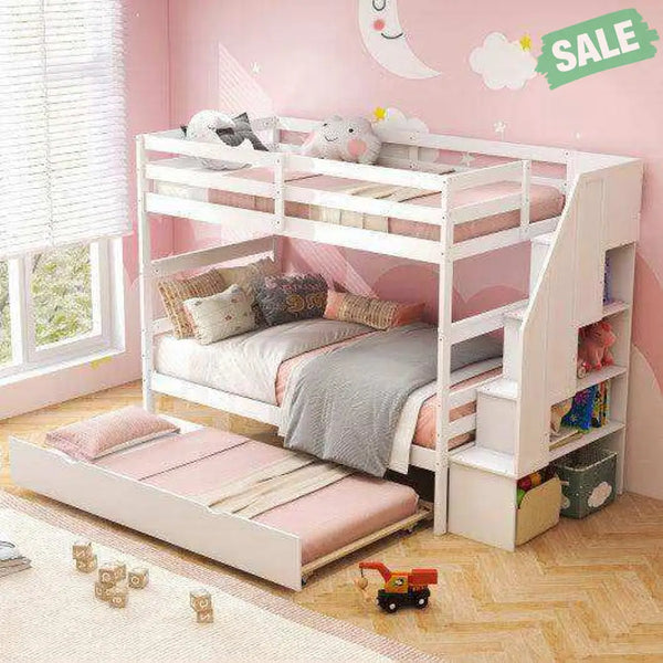 Home Wood Bunk Bed with Guard Rail and 4-step Storage Stairs No Box Spring Needed-Brown Brown Toddler Beds