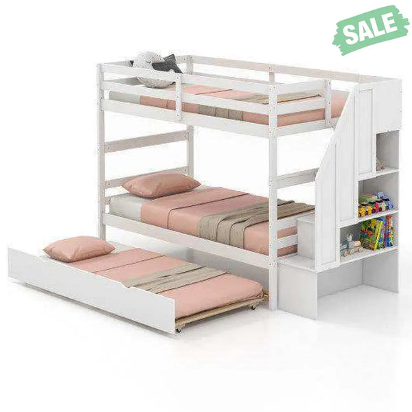 Home Wood Bunk Bed with Guard Rail and 4-step Storage Stairs No Box Spring Needed-Brown Brown Toddler Beds