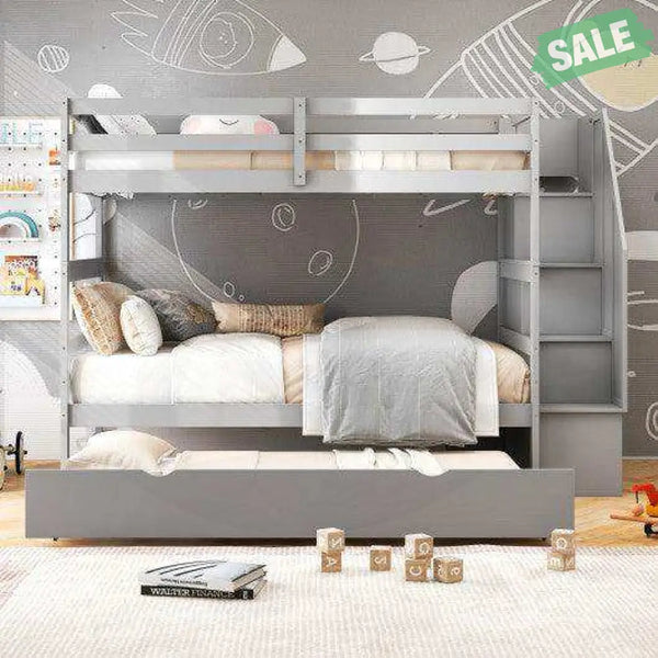 Home Wood Bunk Bed with Guard Rail and 4-step Storage Stairs No Box Spring Needed-Brown Brown Toddler Beds