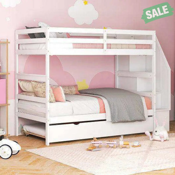Home Wood Bunk Bed with Guard Rail and 4-step Storage Stairs No Box Spring Needed-Brown Brown Toddler Beds