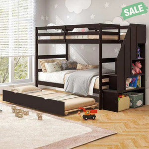 Home Wood Bunk Bed with Guard Rail and 4-step Storage Stairs No Box Spring Needed-Brown Brown Toddler Beds