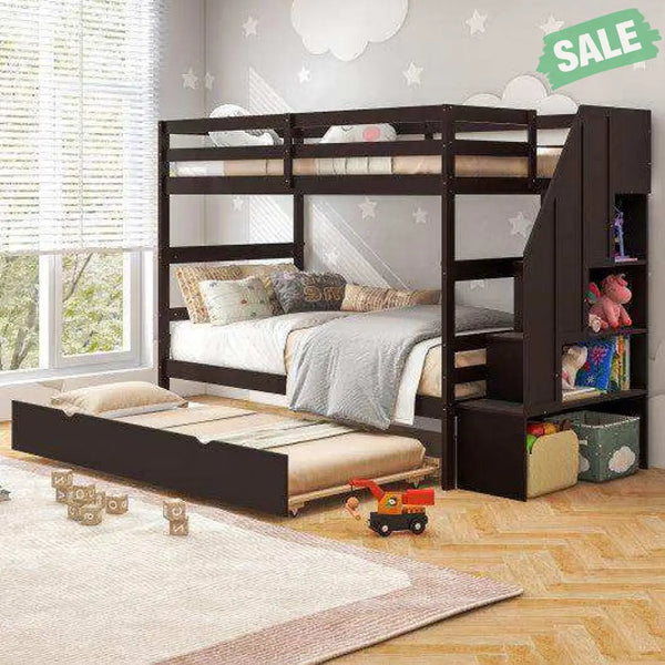 Home Wood Bunk Bed with Guard Rail and 4-step Storage Stairs No Box Spring Needed-Brown Brown Toddler Beds