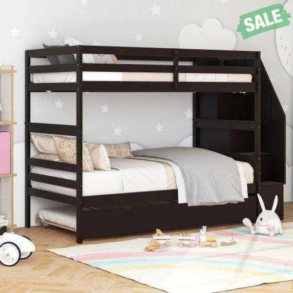 Home Wood Bunk Bed with Guard Rail and 4-step Storage Stairs No Box Spring Needed-Brown Brown Toddler Beds
