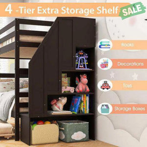 Home Wood Bunk Bed with Guard Rail and 4-step Storage Stairs No Box Spring Needed-Brown Brown Toddler Beds