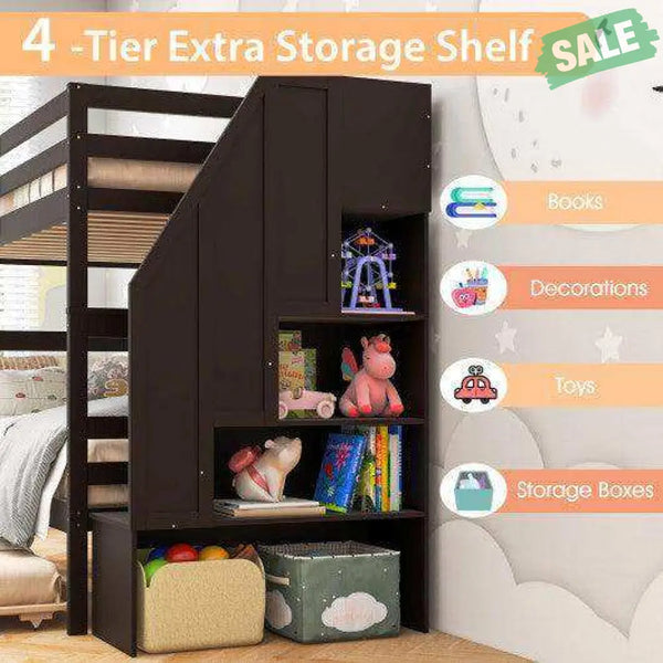 Home Wood Bunk Bed with Guard Rail and 4-step Storage Stairs No Box Spring Needed-Brown Brown Toddler Beds