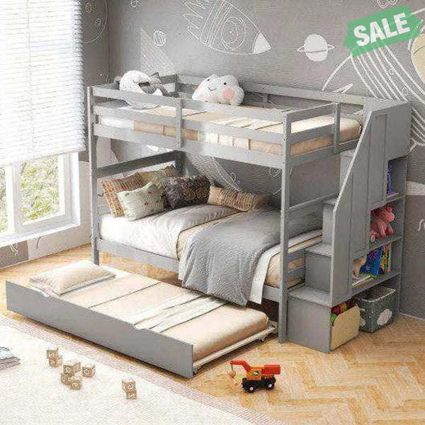 Home Wood Bunk Bed with Guard Rail and 4-step Storage Stairs No Box Spring Needed-Brown Brown Toddler Beds