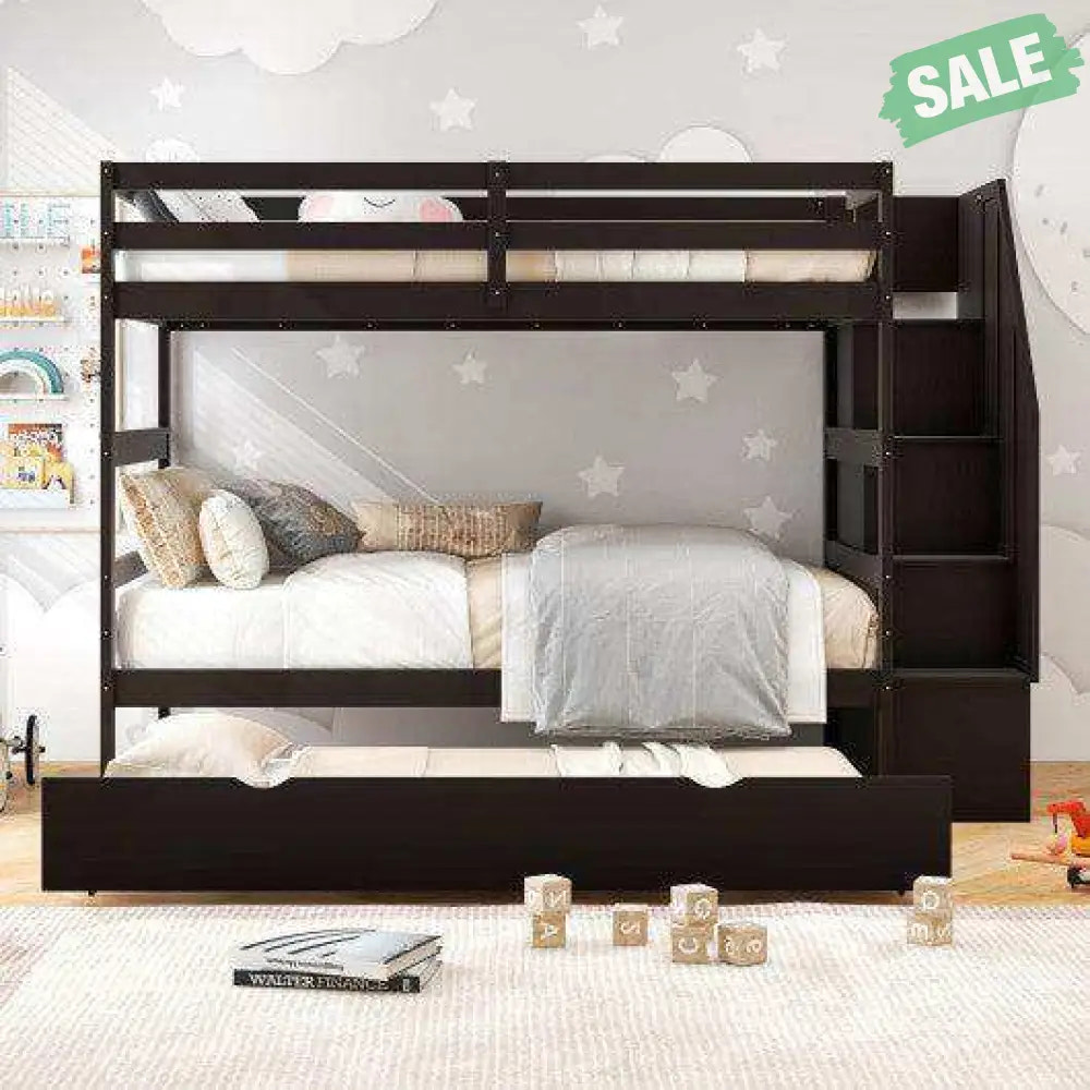 Home Wood Bunk Bed with Guard Rail and 4-step Storage Stairs No Box Spring Needed-Brown Brown Toddler Beds