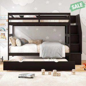 Home Wood Bunk Bed with Guard Rail and 4-step Storage Stairs No Box Spring Needed-Brown Brown Toddler Beds