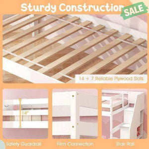 Home Wood Bunk Bed with Guard Rail and 4-step Storage Stairs No Box Spring Needed-Brown Brown Toddler Beds