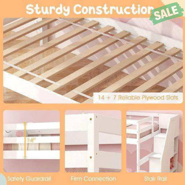 Home Wood Bunk Bed with Guard Rail and 4-step Storage Stairs No Box Spring Needed-Brown Brown Toddler Beds