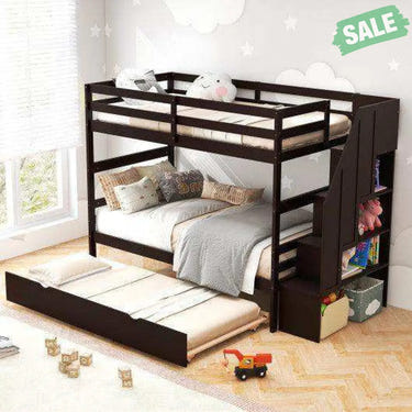 Home Wood Bunk Bed with Guard Rail and 4-step Storage Stairs No Box Spring Needed-Brown Brown Toddler Beds