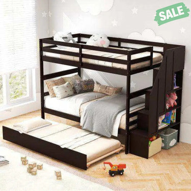 Home Wood Bunk Bed with Guard Rail and 4-step Storage Stairs No Box Spring Needed-Brown Brown Toddler Beds
