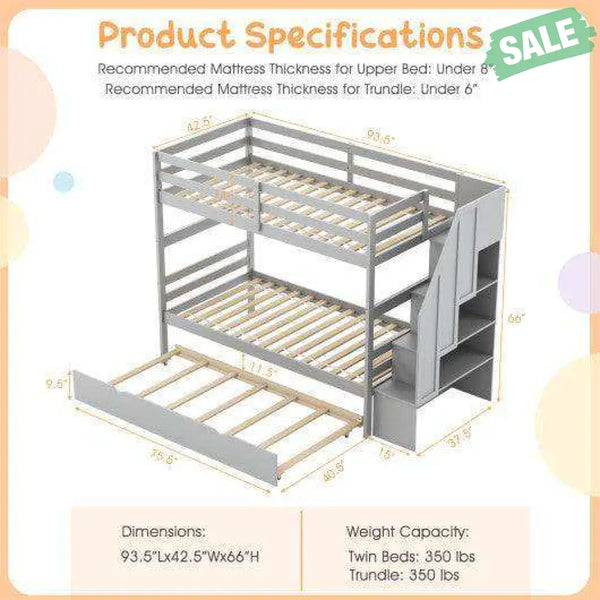 Home Wood Bunk Bed with Guard Rail and 4-step Storage Stairs No Box Spring Needed-Brown Brown Toddler Beds