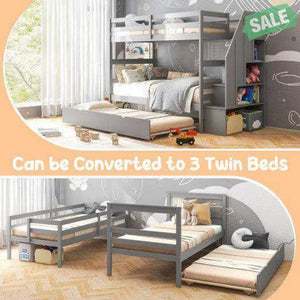 Home Wood Bunk Bed with Guard Rail and 4-step Storage Stairs No Box Spring Needed-Brown Brown Toddler Beds