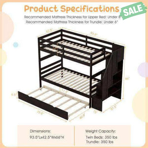 Home Wood Bunk Bed with Guard Rail and 4-step Storage Stairs No Box Spring Needed-Brown Brown Toddler Beds