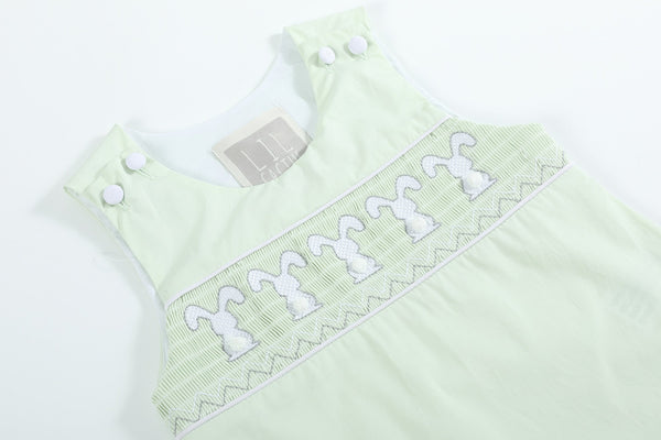 Honeydew Green Bunny Smocked Shortalls