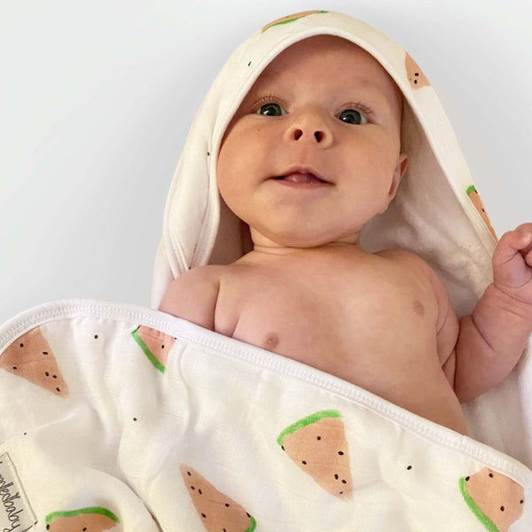 Hooded towel in Cookie Craze design, perfect for keeping babies cozy and dry after bath time. Angle 6 view.