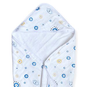 Hooded towel in Cookie Craze design, angled view showcasing soft fabric and playful pattern for babies.