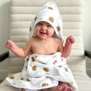 Hooded towel in Cookie Craze design, perfect for keeping your baby cozy and dry after bath time. Angle 2 view.