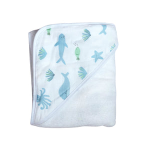 Hooded towel for babies in Cookie Craze design, angled view showcasing softness and playful style.
