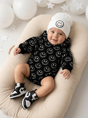 Hooded Bubble Romper in Electric Smiley design for babies, perfect for playful and stylish outfits.