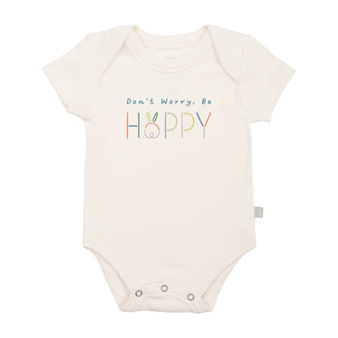 Graphic bodysuit for babies featuring "Don't Worry Be Hoppy" design in a playful short sleeve style.
