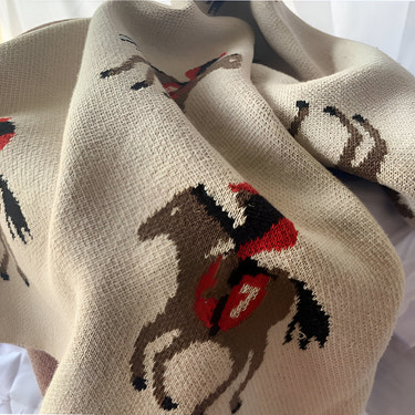Horse Jockey Ecru Knitted Cotton Baby Blanket