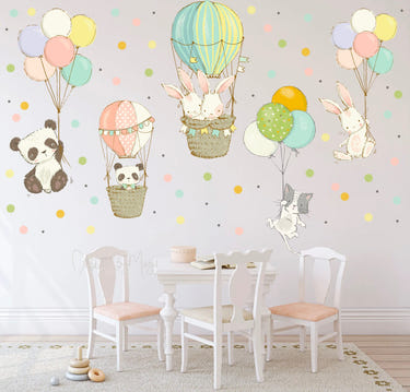 Baby animals in hot air balloons - colorful fabric nursery wall art decals for playful decor.