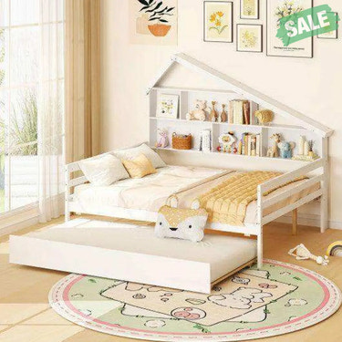 House-Shaped Full Size Daybed with Twin Size Trundle-White Toddler Beds