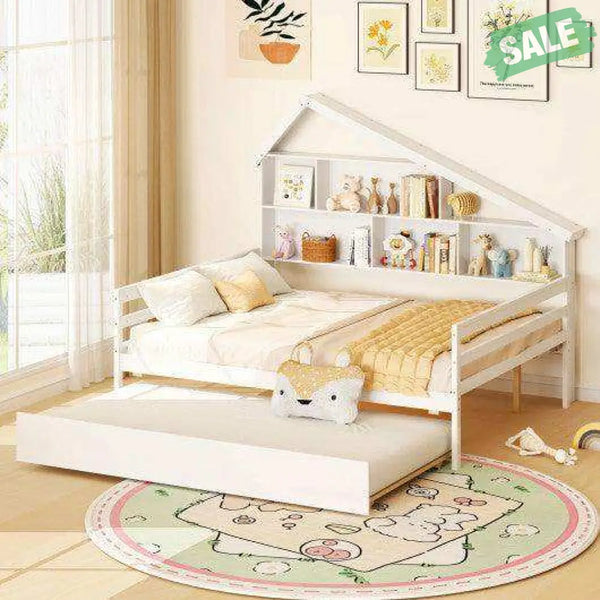 House-Shaped Full Size Daybed with Twin Size Trundle-White Toddler Beds
