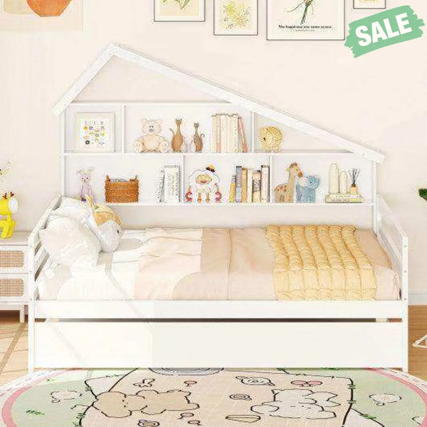 House-Shaped Full Size Daybed with Twin Size Trundle-White Toddler Beds