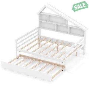 House-Shaped Full Size Daybed with Twin Size Trundle-White Toddler Beds
