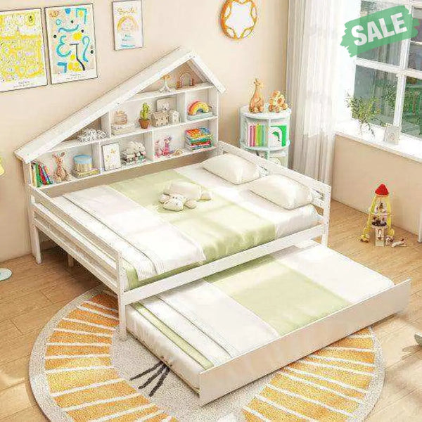 House-Shaped Full Size Daybed with Twin Size Trundle-White Toddler Beds
