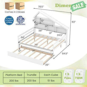 House-Shaped Full Size Daybed with Twin Size Trundle-White Toddler Beds