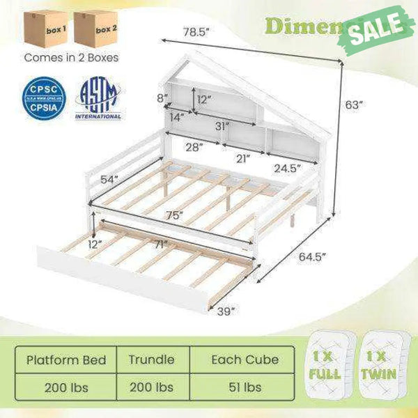 House-Shaped Full Size Daybed with Twin Size Trundle-White Toddler Beds