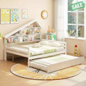 House-Shaped Full Size Daybed with Twin Size Trundle-White Toddler Beds