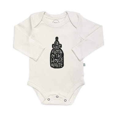 White long sleeve graphic bodysuit for babies, perfect for stylish comfort.