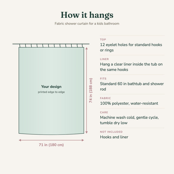 How to hang the kids shower curtain: 71 x 74 in, 12 eyelet holes, liner inside the tub