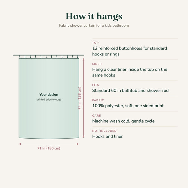How to hang the kids shower curtain: 71 x 74 in, 12 buttonholes, liner inside the tub
