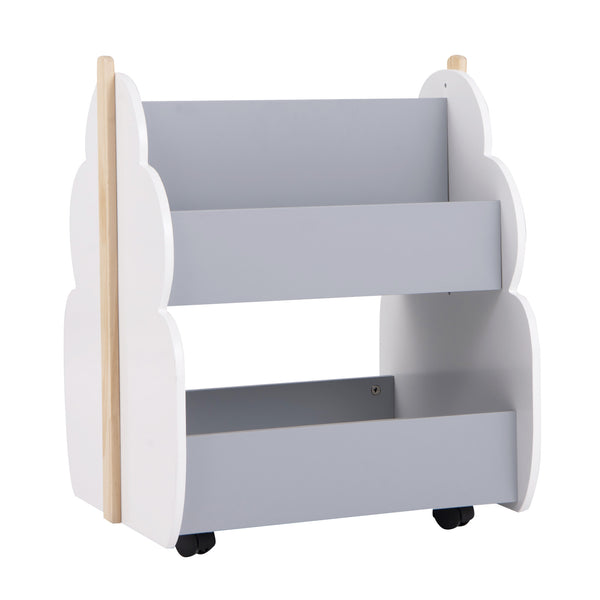 Kids wooden bookshelf with universal wheels in white, perfect for organizing bedding and sleep essentials.
