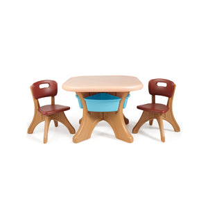 3-piece plastic children play table and chair set for indoor/outdoor use, angled view showcasing vibrant colors and design.
