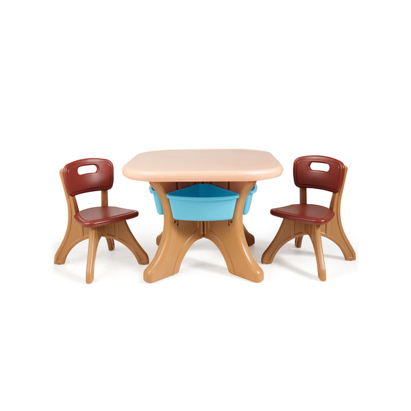 3-piece plastic children play table and chair set for indoor/outdoor use, angled view showcasing vibrant colors and design.