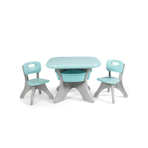 3-piece plastic children play table and chair set for indoor/outdoor use, viewed from angle 9.