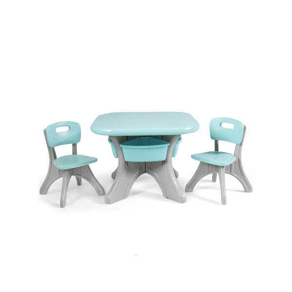3-piece plastic children play table and chair set for indoor/outdoor use, viewed from angle 9.
