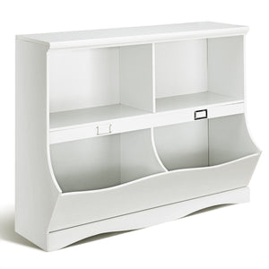 Kids storage unit for toys and books, stylish bookshelf organizer for children's rooms, shown from angle 3.
