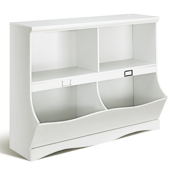 Kids storage unit for toys and books, stylish bookshelf organizer for children's rooms, shown from angle 3.