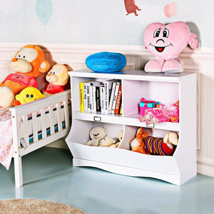 Kids storage unit toy organizer and bookshelf for children, angled view showcasing its colorful design and functionality.