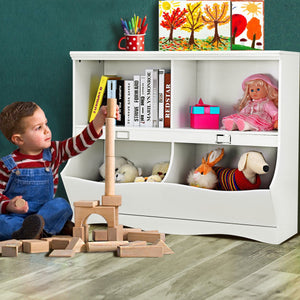 Kids storage unit for toys and books, colorful bookshelf organizer for children, angle view 7.