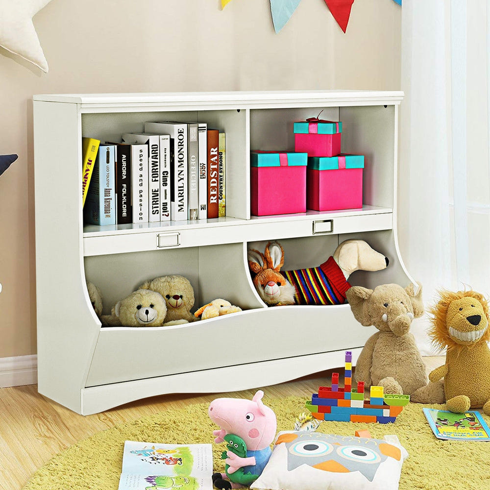 Kids storage unit toy organizer and bookshelf for children, perfect for keeping toys and books tidy.